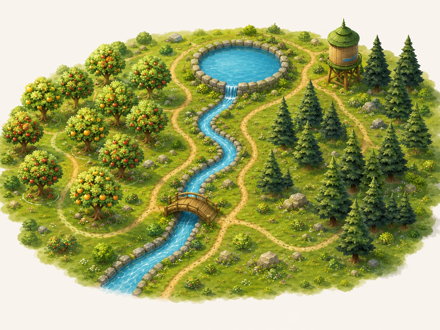 Illustrated isometric garden: an orchard of fruit trees on the left, a stone-bordered reservoir feeding a stream over a wooden bridge, and a pine forest with a water tower on the right.